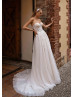 Strapless Beaded Ivory Lace Tulle Slit Sexy Wedding Dress